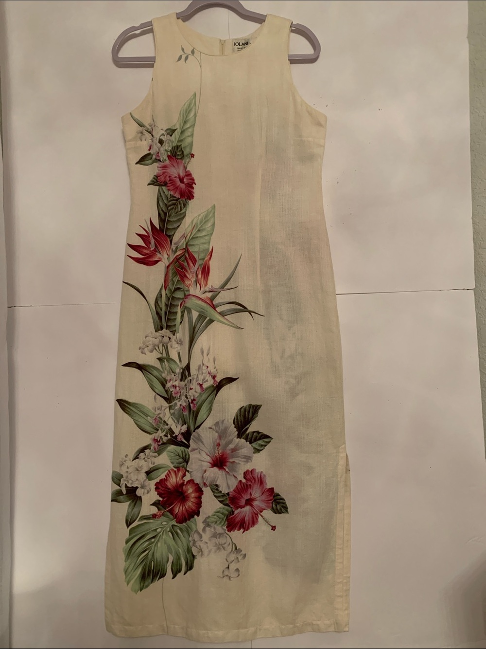 Iolani Cream Floral Sleeveless Fitted Sheath Havaniian Maxi Dress Size M
